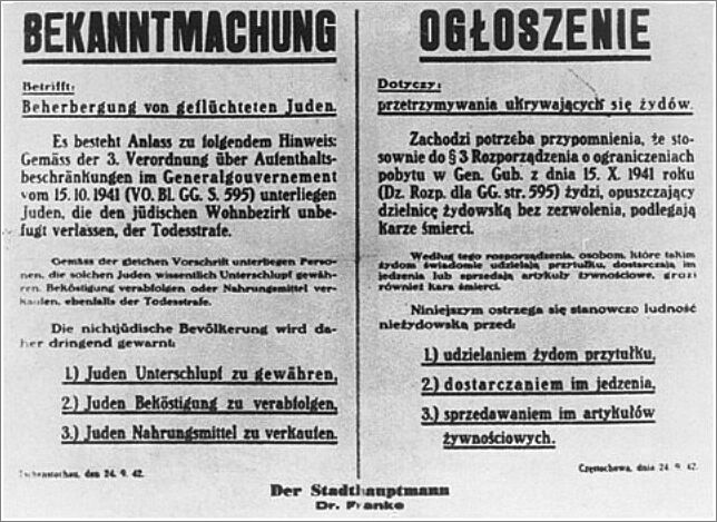 A Nazi decree issued in October 1941, in German and Polish, warns that Jews leaving the ghetto, or Poles who aid them, will be executed. Czestochowa